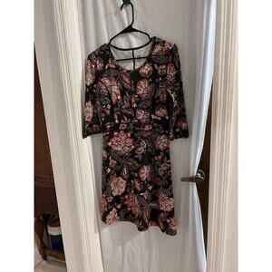 Title 9 Dreams 3/4 Sleeve Stretchy Black Floral Paisley Sheath Dress Size S